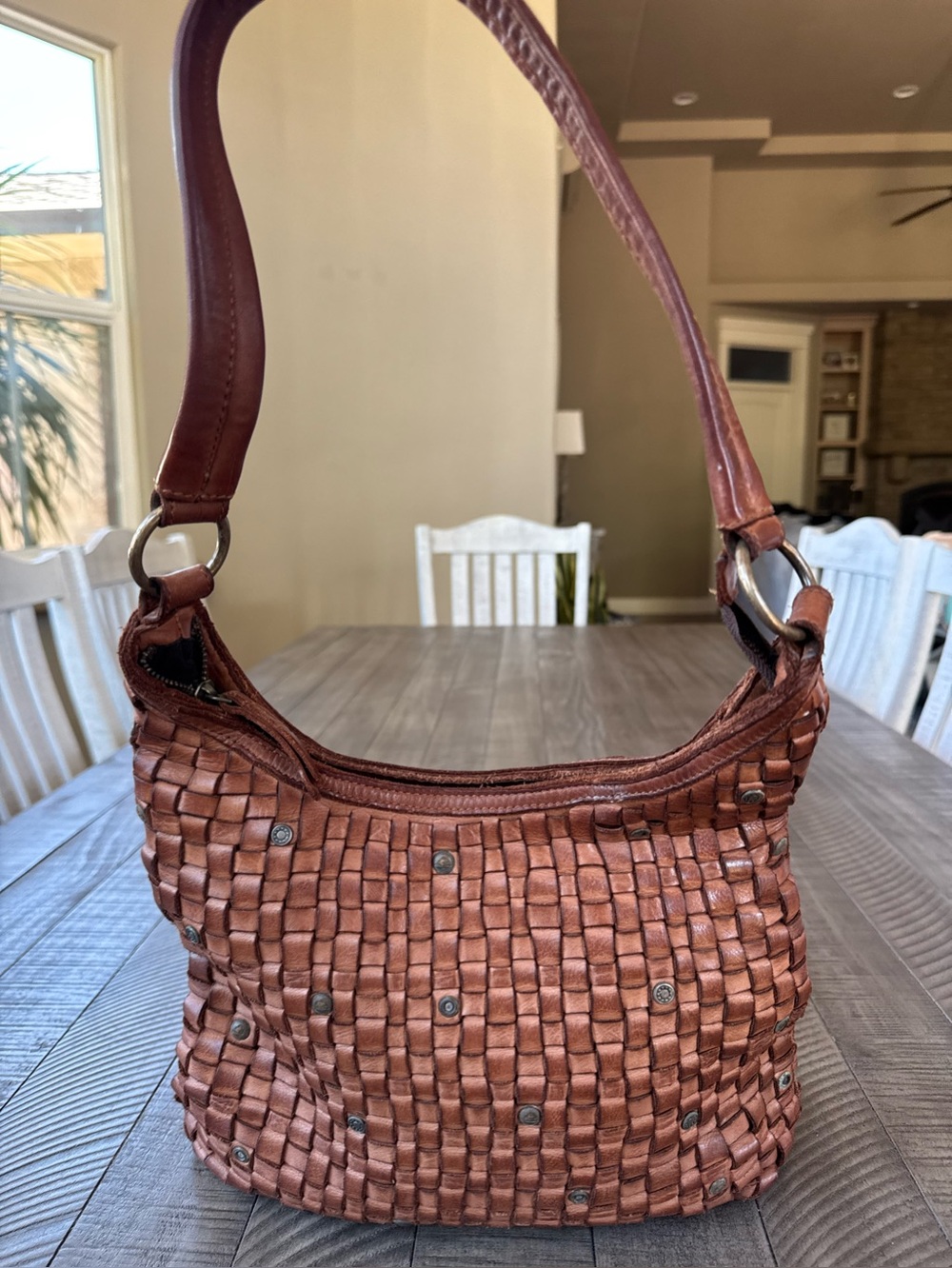 Harbour 2nd Tuula Woven Leather Riveted Distressed Hobo Shoulder Bag Purse - Picture 5 of 13
